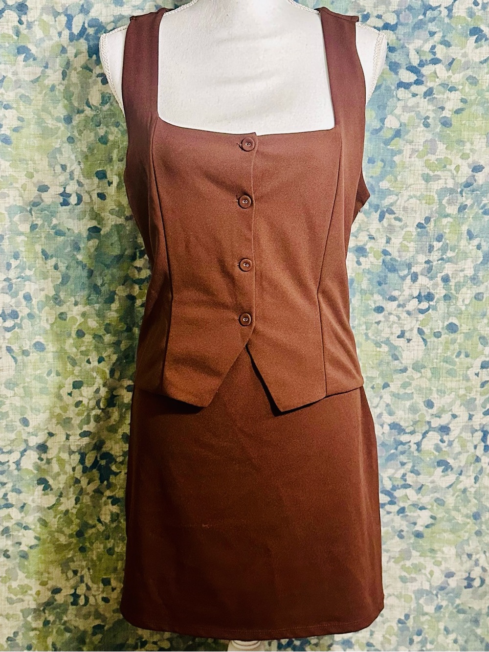 NWT Madden Girl Brown Sleeveless Mini Dress Square Neck Button Front Size L